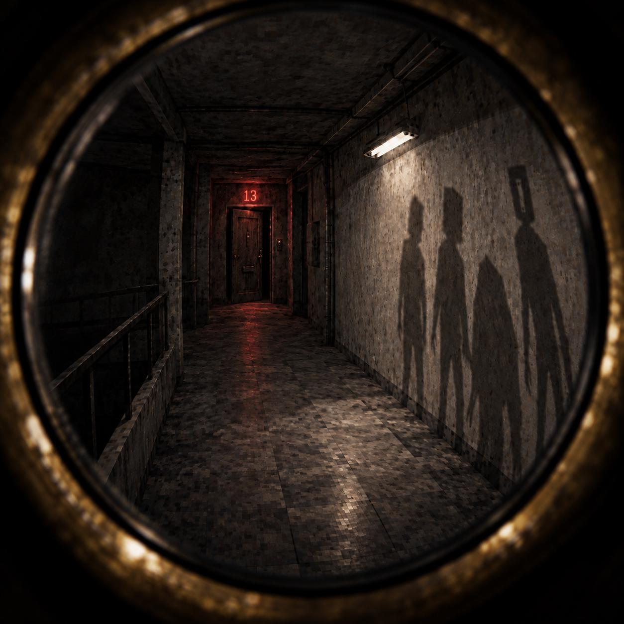 Four shadows on a corridor wall, with no bodies casting them